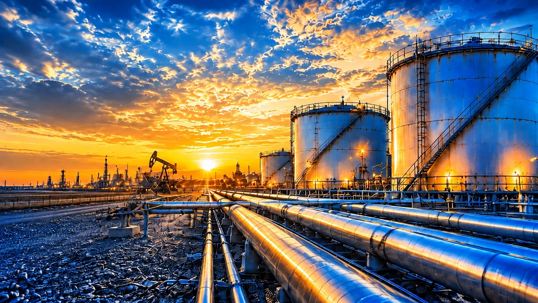 Industrial storage tanks and pipelines at sunset