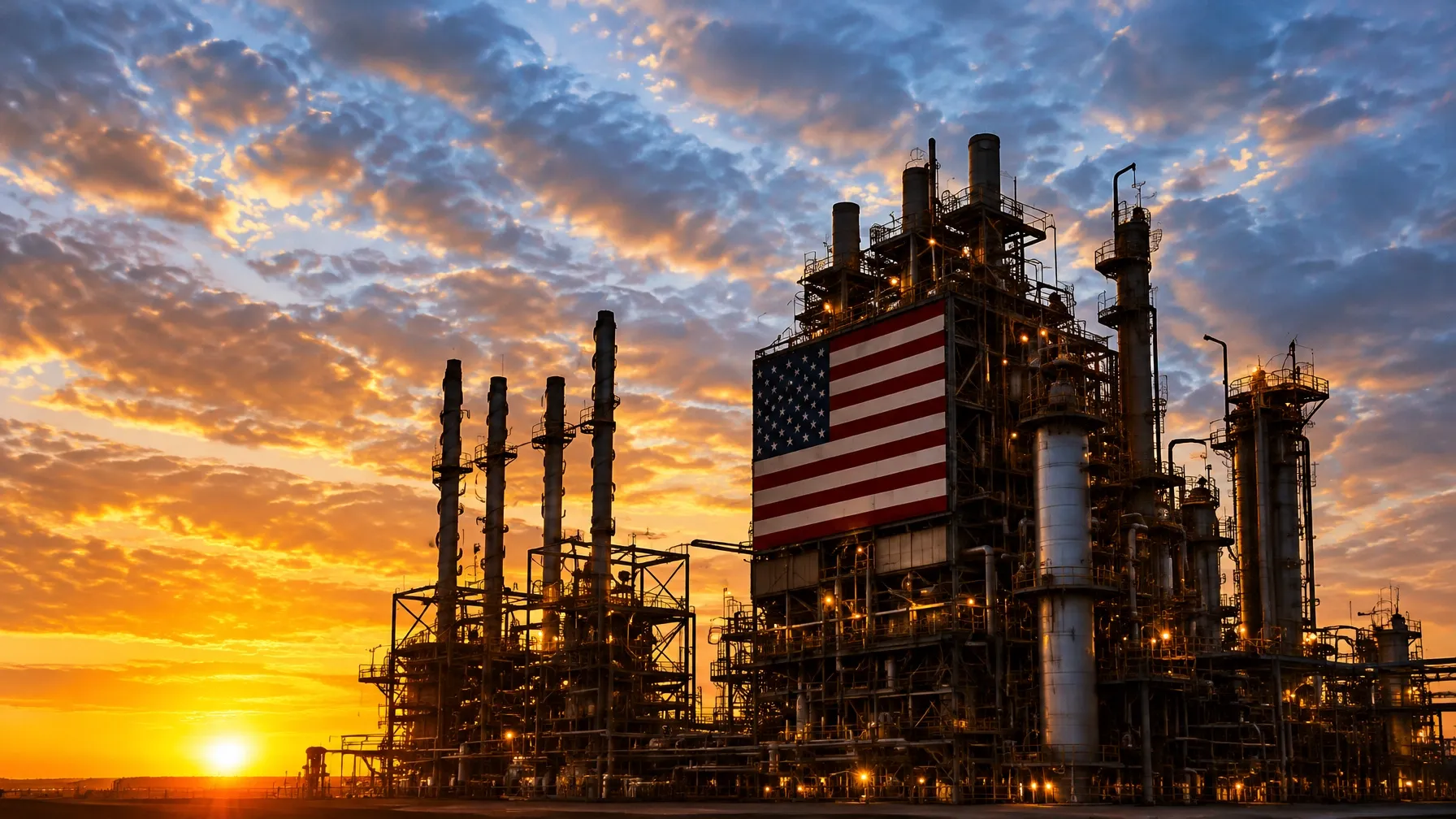 Refinery process equipment and pipework against a warm sunset